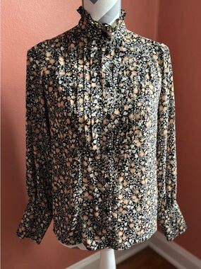 Nili Lotan Black and Peach Floral High-Neck Blouse